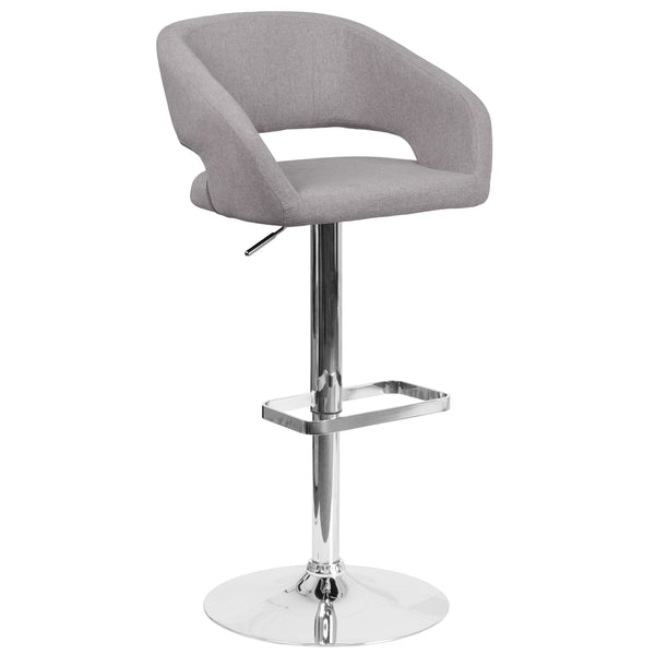 Gray Fabric/Chrome Frame |#| Gray Fabric Adjustable Height Barstool with Rounded Mid-Back and Chrome Base