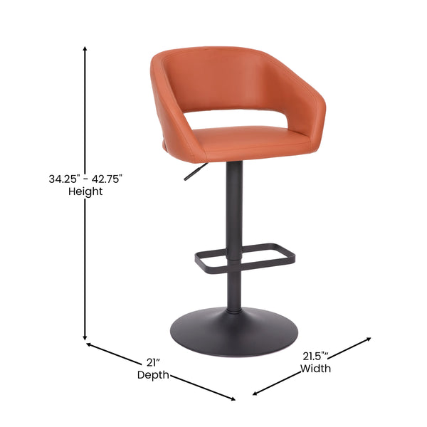 Cognac Vinyl/Black Frame |#| Cognac Vinyl Adjustable Height Barstool with Rounded Mid-Back and Black Base