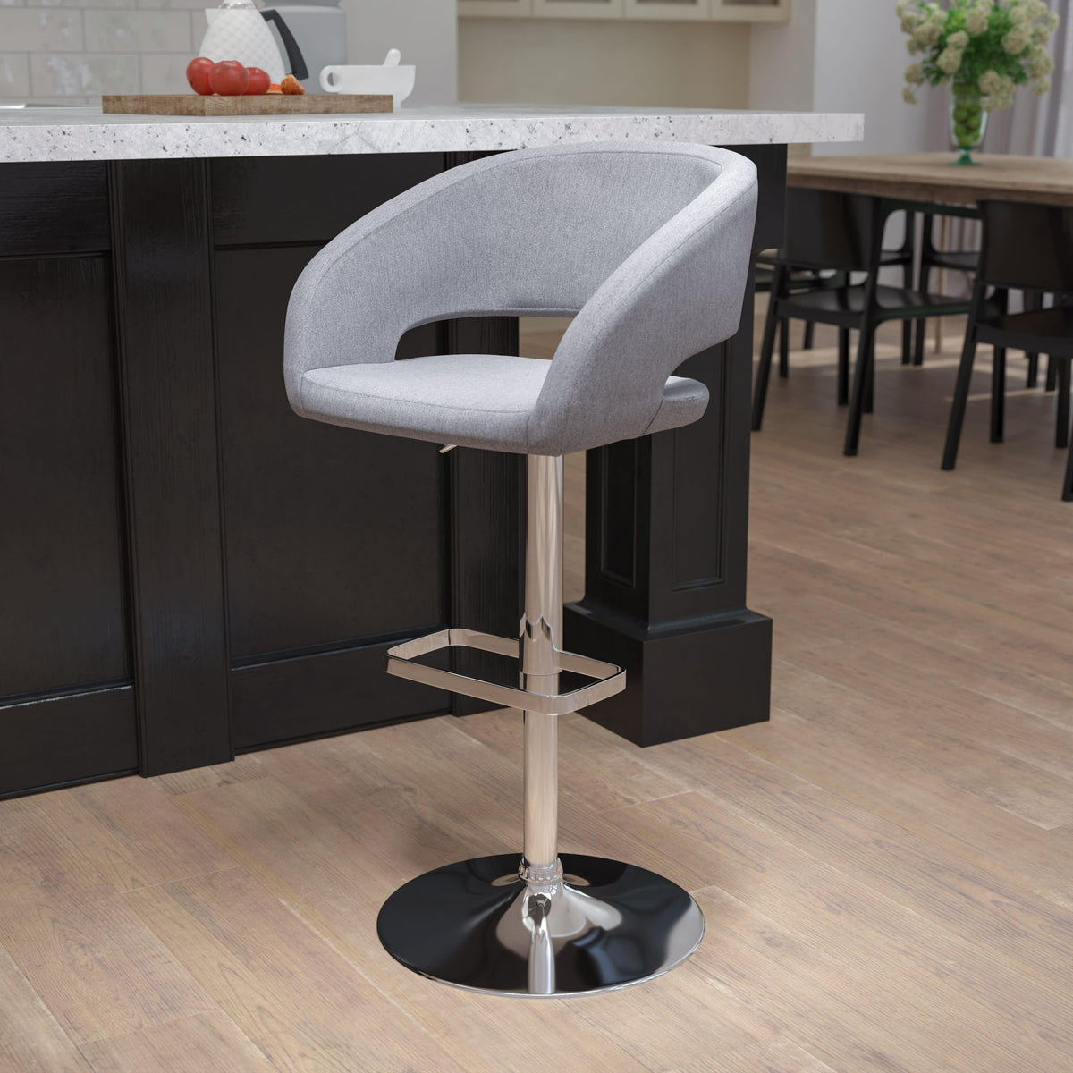 Gray Fabric/Chrome Frame |#| Gray Fabric Adjustable Height Barstool with Rounded Mid-Back and Chrome Base