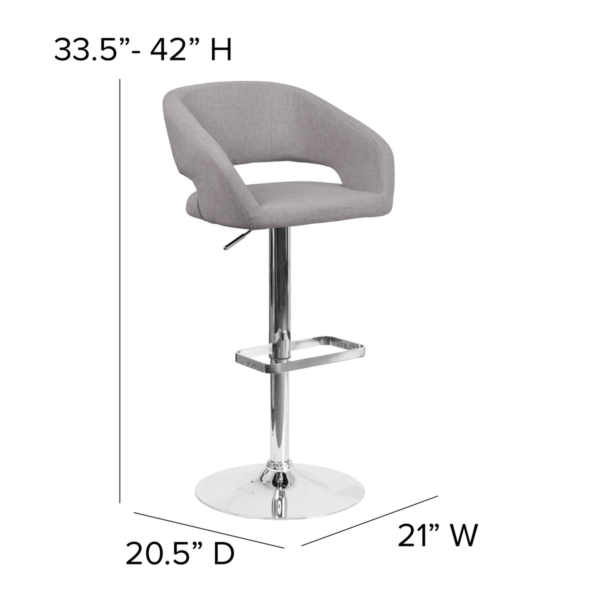 Gray Fabric/Chrome Frame |#| Gray Fabric Adjustable Height Barstool with Rounded Mid-Back and Chrome Base