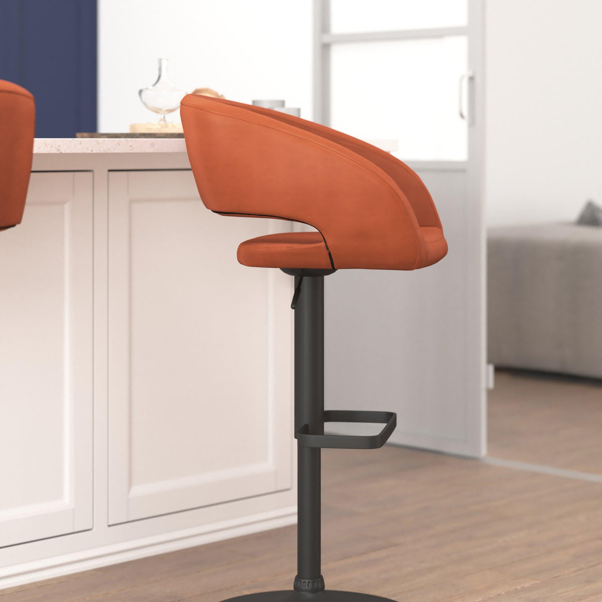 Cognac Vinyl/Black Frame |#| Cognac Vinyl Adjustable Height Barstool with Rounded Mid-Back and Black Base