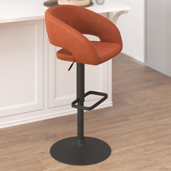 Cognac Vinyl/Black Frame |#| Cognac Vinyl Adjustable Height Barstool with Rounded Mid-Back and Black Base