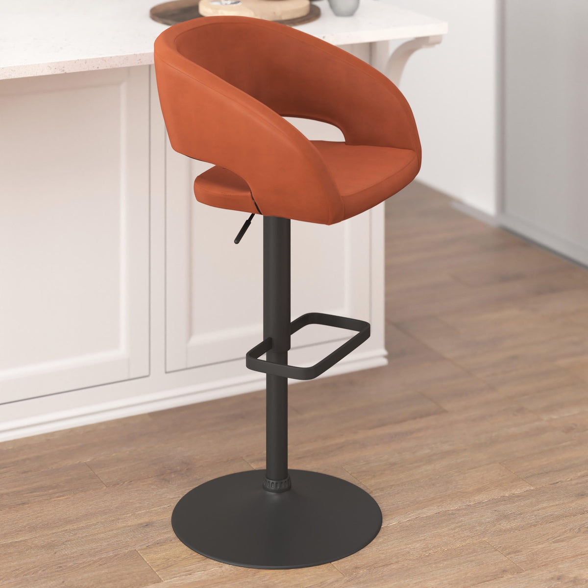 Cognac Vinyl/Black Frame |#| Cognac Vinyl Adjustable Height Barstool with Rounded Mid-Back and Black Base