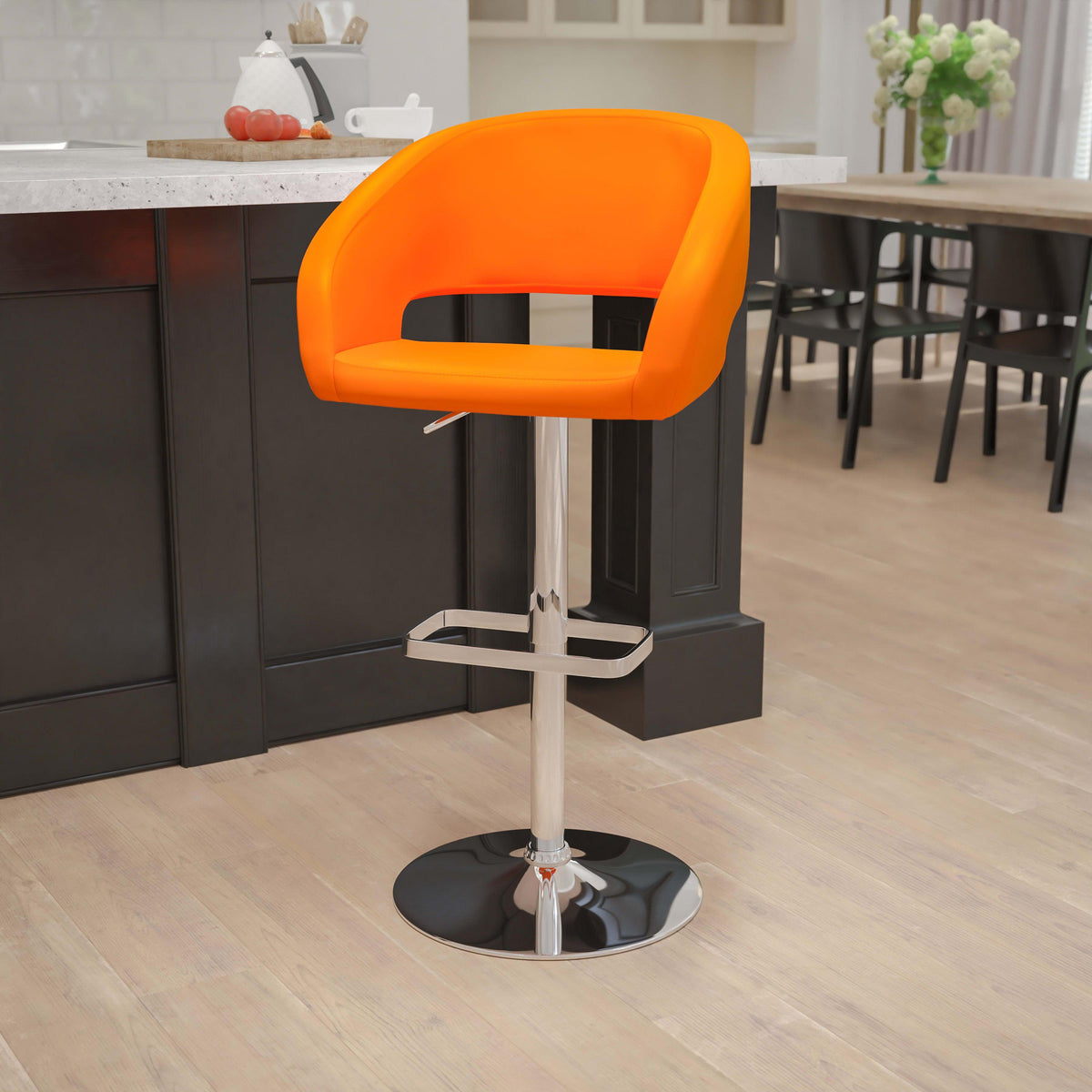 Orange Vinyl/Chrome Frame |#| Orange Vinyl Adjustable Height Barstool with Rounded Mid-Back and Chrome Base