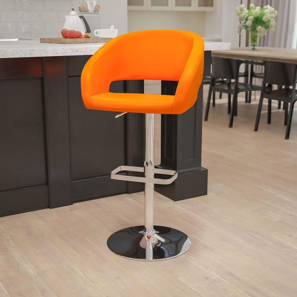 Orange Vinyl/Chrome Frame |#| Orange Vinyl Adjustable Height Barstool with Rounded Mid-Back and Chrome Base