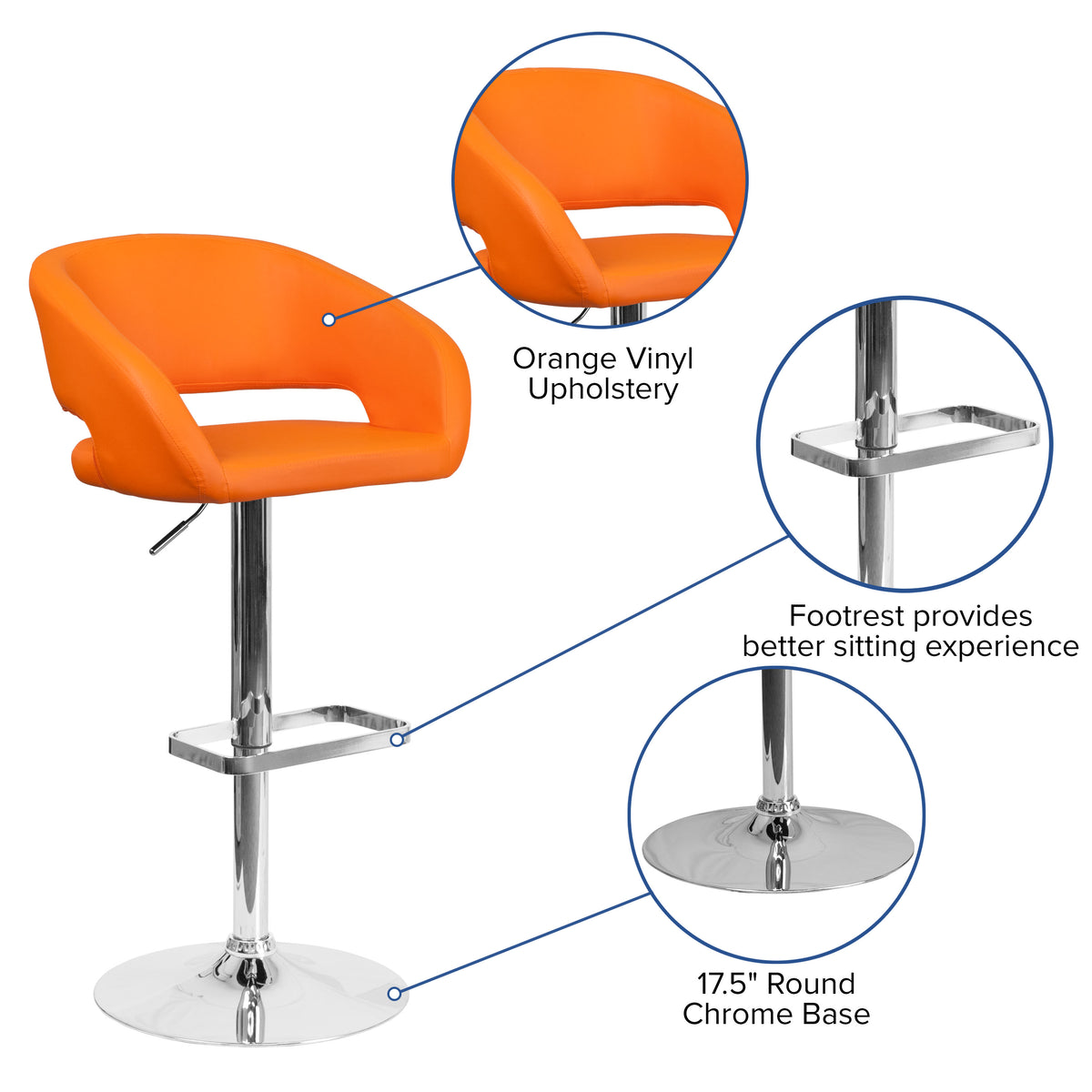 Orange Vinyl/Chrome Frame |#| Orange Vinyl Adjustable Height Barstool with Rounded Mid-Back and Chrome Base