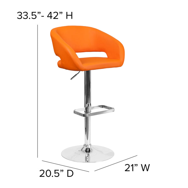 Orange Vinyl/Chrome Frame |#| Orange Vinyl Adjustable Height Barstool with Rounded Mid-Back and Chrome Base