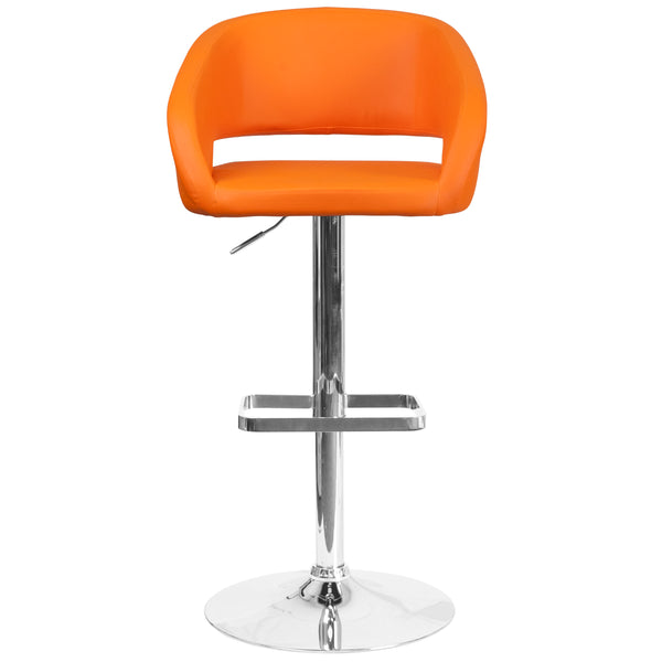 Orange Vinyl/Chrome Frame |#| Orange Vinyl Adjustable Height Barstool with Rounded Mid-Back and Chrome Base