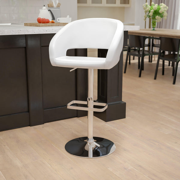 White Vinyl/Chrome Frame |#| White Vinyl Adjustable Height Barstool with Rounded Mid-Back and Chrome Base