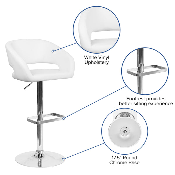 White Vinyl/Chrome Frame |#| White Vinyl Adjustable Height Barstool with Rounded Mid-Back and Chrome Base