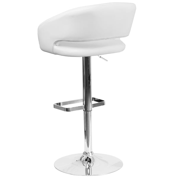 White Vinyl/Chrome Frame |#| White Vinyl Adjustable Height Barstool with Rounded Mid-Back and Chrome Base