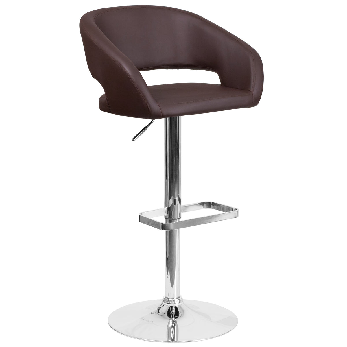 Brown Vinyl/Chrome Frame |#| Brown Vinyl Adjustable Height Barstool with Rounded Mid-Back and Chrome Base