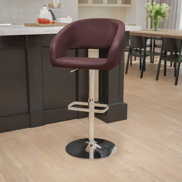 Brown Vinyl/Chrome Frame |#| Brown Vinyl Adjustable Height Barstool with Rounded Mid-Back and Chrome Base