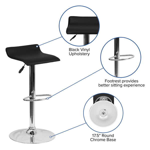 Black |#| Black Vinyl Adjustable Height Barstool with Solid Wave Seat and Chrome Base