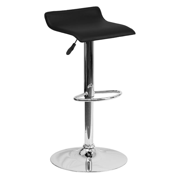 Black |#| Black Vinyl Adjustable Height Barstool with Solid Wave Seat and Chrome Base