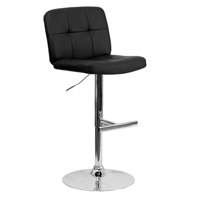 Contemporary Vinyl Adjustable Height Barstool with Square Tufted Back and Chrome Base