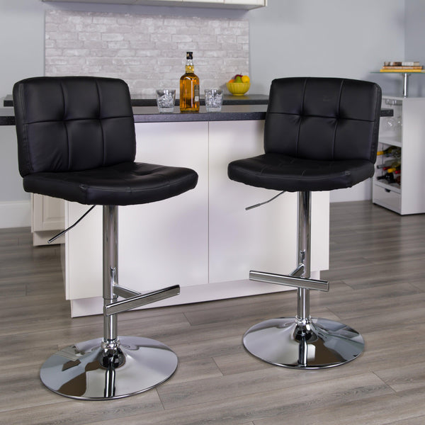 Black |#| Contemporary Black Vinyl Adjustable Height Barstool with Square Tufted Back