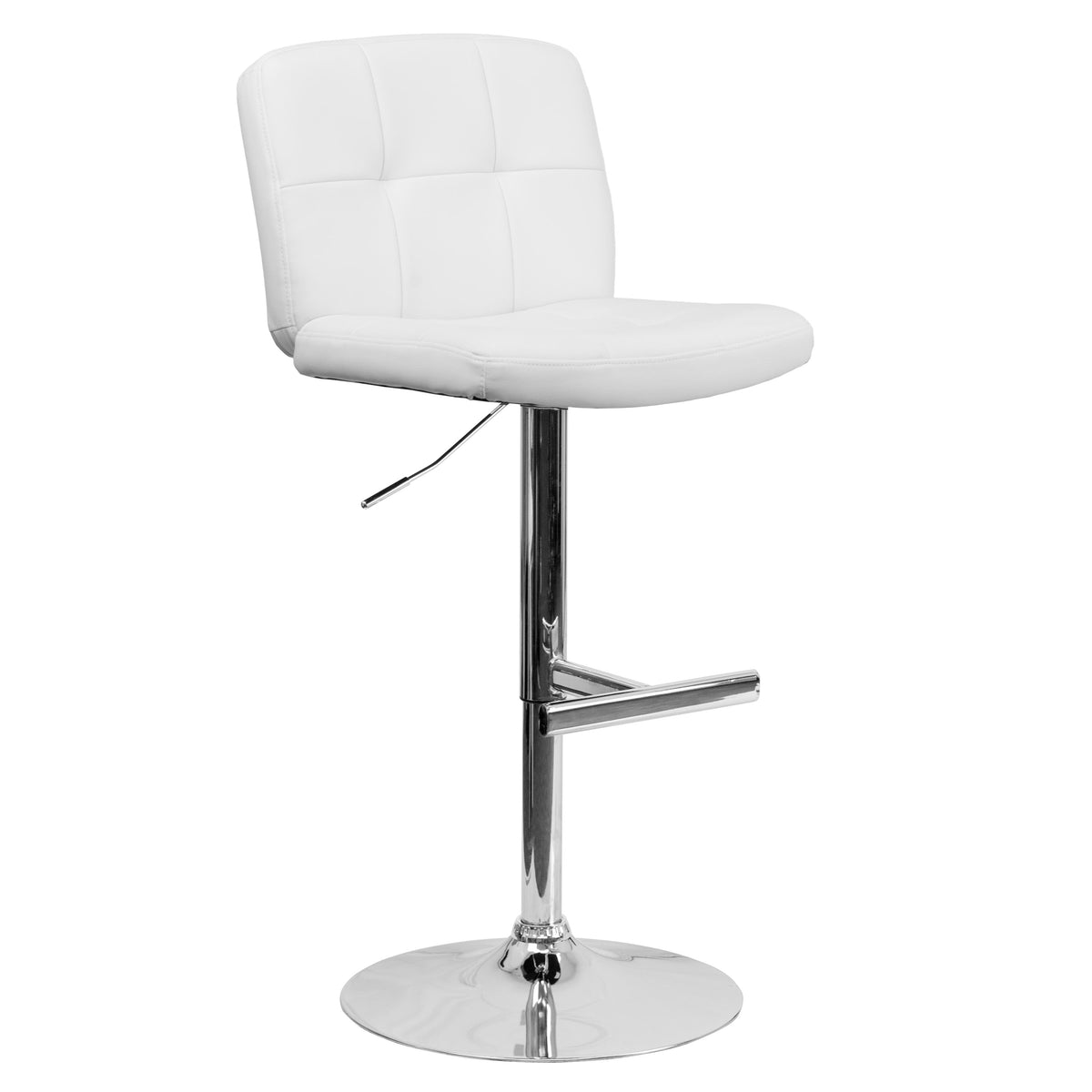 White |#| Contemporary White Vinyl Adjustable Height Barstool with Square Tufted Back