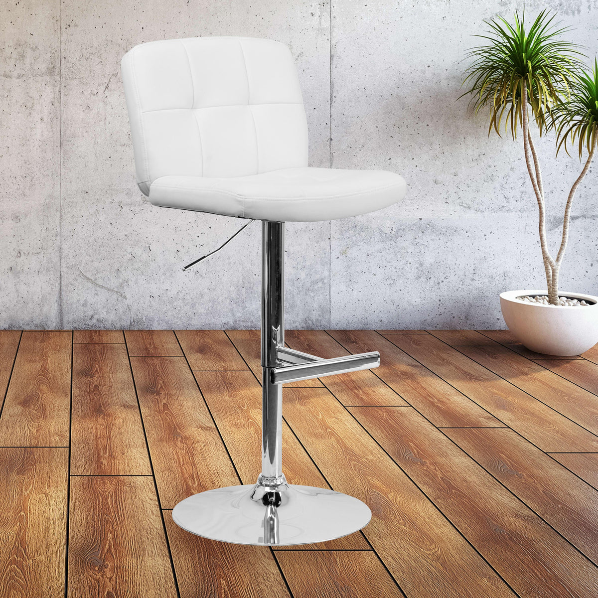 White |#| Contemporary White Vinyl Adjustable Height Barstool with Square Tufted Back