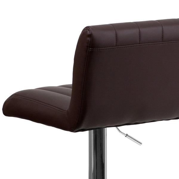 Brown |#| Brown Vinyl Adjustable Barstool with Vertical Stitch Back/Seat & Chrome Base