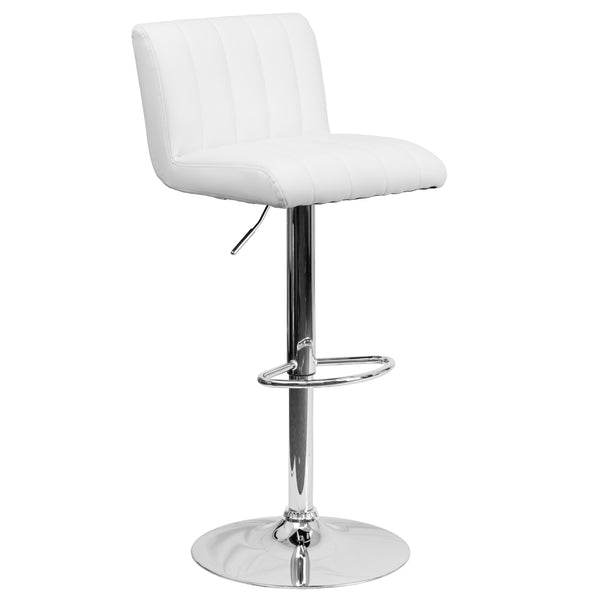 White |#| White Vinyl Adjustable Barstool with Vertical Stitch Back/Seat and Chrome Base