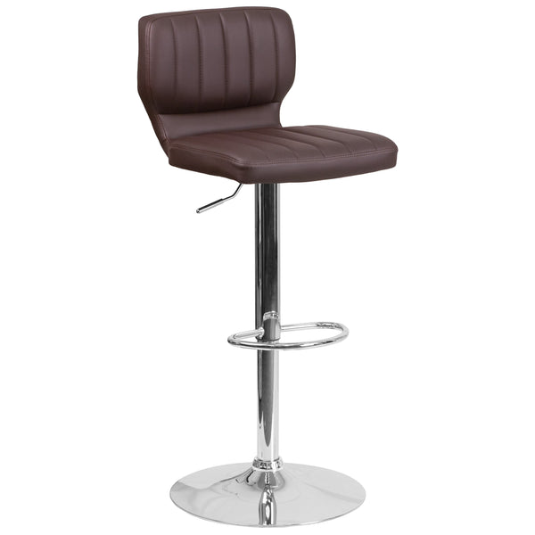 Brown Vinyl |#| Brown Vinyl Adjustable Height Barstool w/ Vertical Stitch Back & Chrome Base