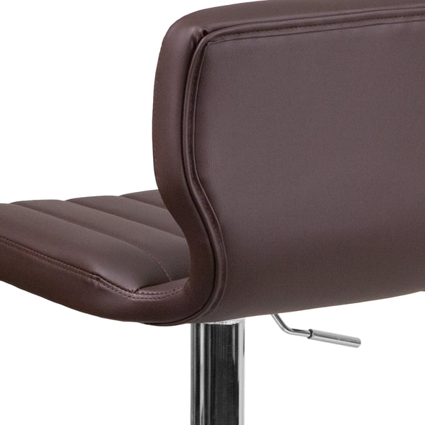 Brown Vinyl |#| Brown Vinyl Adjustable Height Barstool w/ Vertical Stitch Back & Chrome Base