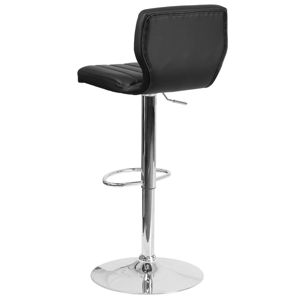 Black Vinyl |#| Black Vinyl Adjustable Height Barstool w/ Vertical Stitch Back & Chrome Base