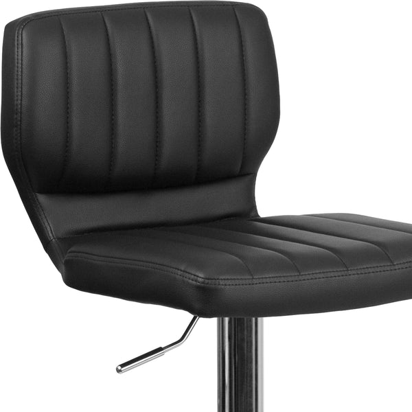 Black Vinyl |#| Black Vinyl Adjustable Height Barstool w/ Vertical Stitch Back & Chrome Base