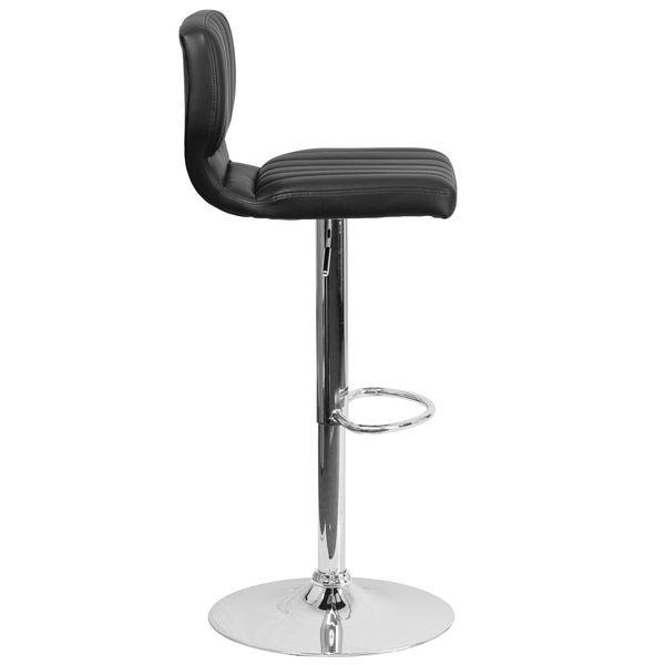 Black Vinyl |#| Black Vinyl Adjustable Height Barstool w/ Vertical Stitch Back & Chrome Base