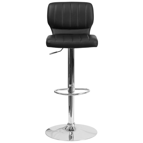 Black Vinyl |#| Black Vinyl Adjustable Height Barstool w/ Vertical Stitch Back & Chrome Base