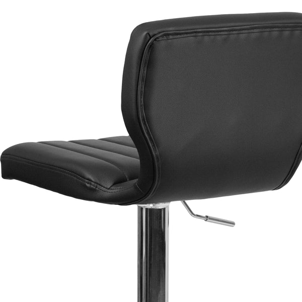 Black Vinyl |#| Black Vinyl Adjustable Height Barstool w/ Vertical Stitch Back & Chrome Base