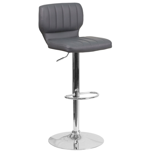 Gray Vinyl |#| Gray Vinyl Adjustable Height Barstool w/ Vertical Stitch Back & Chrome Base
