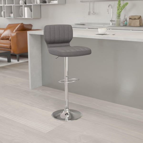 Gray Vinyl |#| Gray Vinyl Adjustable Height Barstool w/ Vertical Stitch Back & Chrome Base