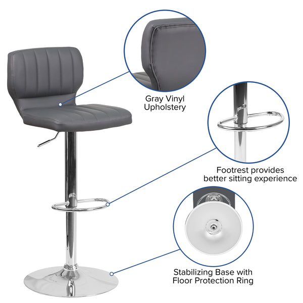 Gray Vinyl |#| Gray Vinyl Adjustable Height Barstool w/ Vertical Stitch Back & Chrome Base