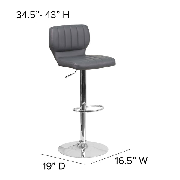 Gray Vinyl |#| Gray Vinyl Adjustable Height Barstool w/ Vertical Stitch Back & Chrome Base