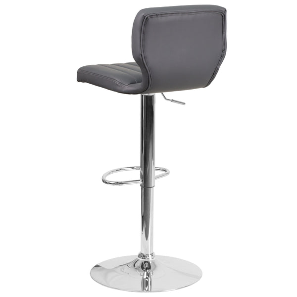 Gray Vinyl |#| Gray Vinyl Adjustable Height Barstool w/ Vertical Stitch Back & Chrome Base