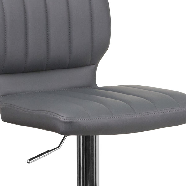 Gray Vinyl |#| Gray Vinyl Adjustable Height Barstool w/ Vertical Stitch Back & Chrome Base
