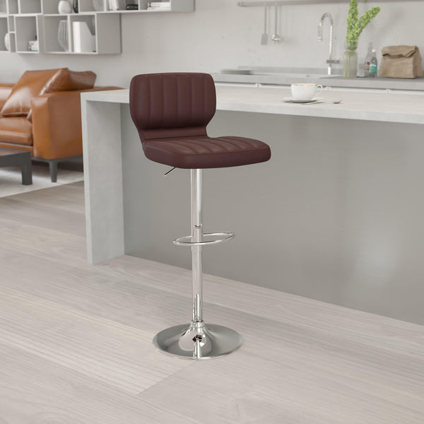 Brown Vinyl |#| Brown Vinyl Adjustable Height Barstool w/ Vertical Stitch Back & Chrome Base