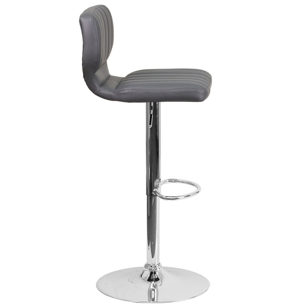 Gray Vinyl |#| Gray Vinyl Adjustable Height Barstool w/ Vertical Stitch Back & Chrome Base
