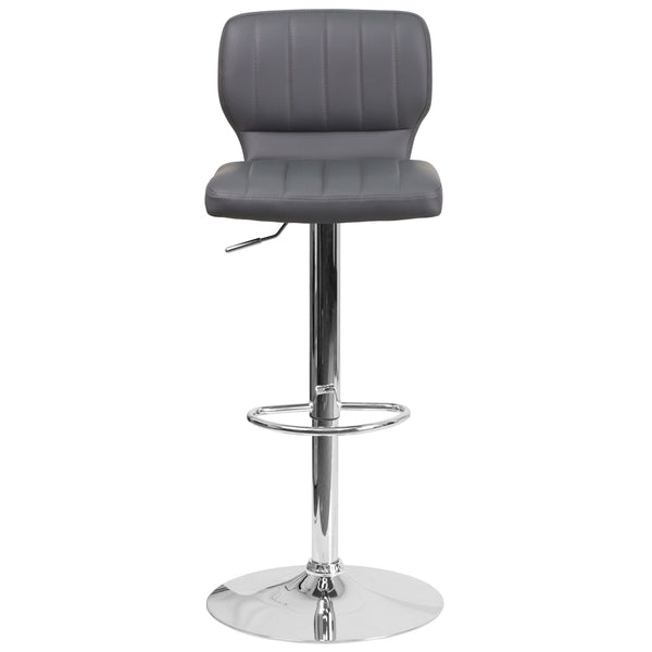 Gray Vinyl |#| Gray Vinyl Adjustable Height Barstool w/ Vertical Stitch Back & Chrome Base