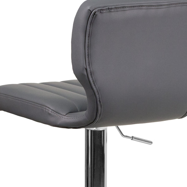 Gray Vinyl |#| Gray Vinyl Adjustable Height Barstool w/ Vertical Stitch Back & Chrome Base