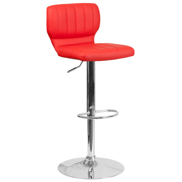 Red Vinyl |#| Red Vinyl Adjustable Height Barstool w/ Vertical Stitch Back & Chrome Base