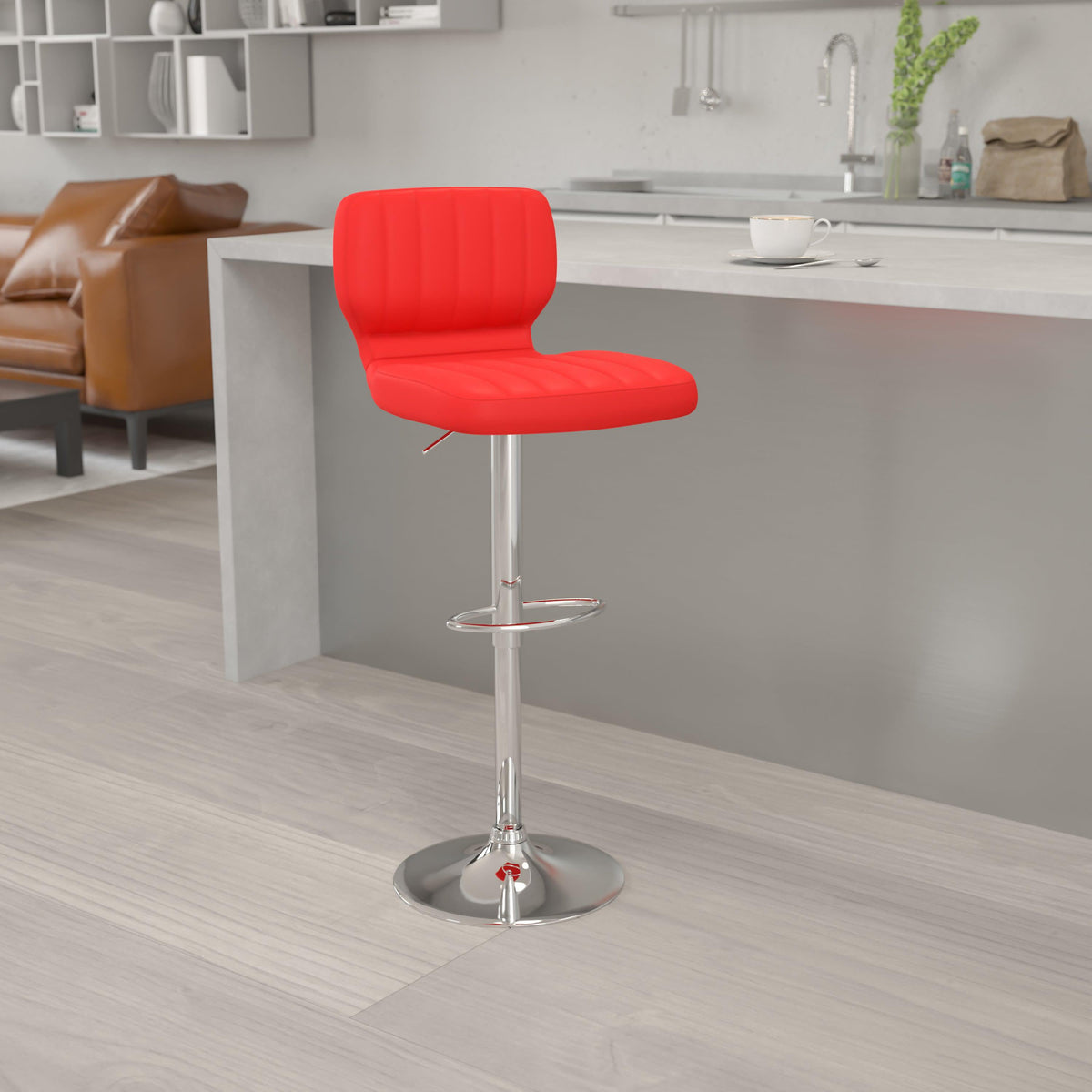 Red Vinyl |#| Red Vinyl Adjustable Height Barstool w/ Vertical Stitch Back & Chrome Base