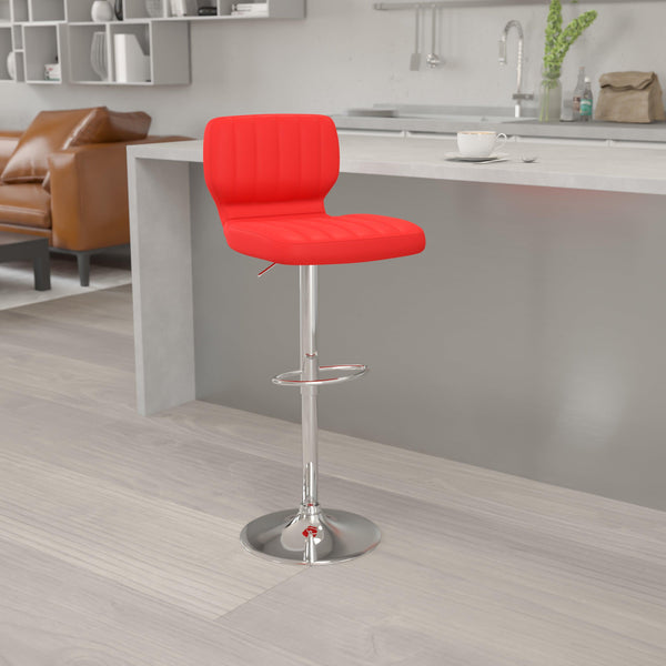 Red Vinyl |#| Red Vinyl Adjustable Height Barstool w/ Vertical Stitch Back & Chrome Base