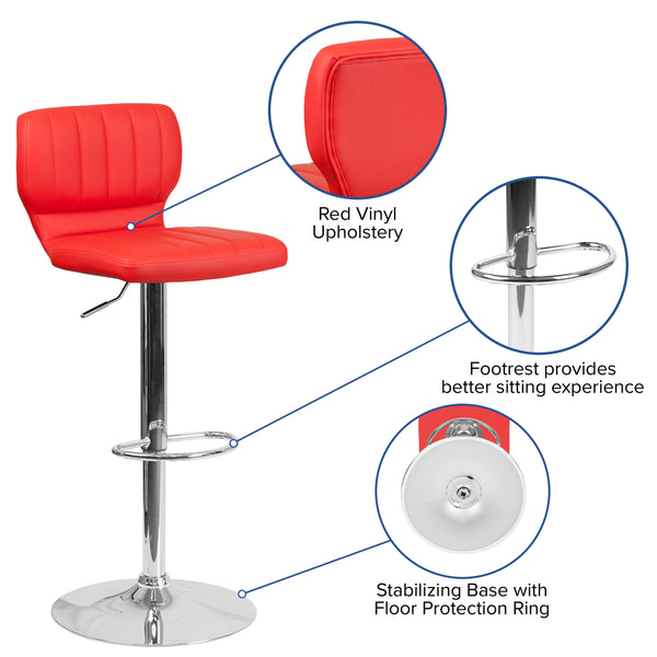 Red Vinyl |#| Red Vinyl Adjustable Height Barstool w/ Vertical Stitch Back & Chrome Base