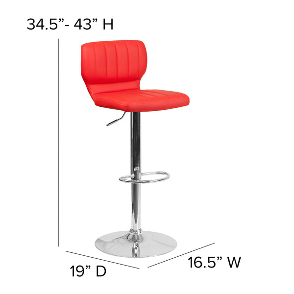 Red Vinyl |#| Red Vinyl Adjustable Height Barstool w/ Vertical Stitch Back & Chrome Base