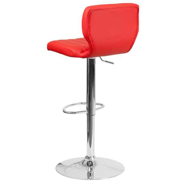 Red Vinyl |#| Red Vinyl Adjustable Height Barstool w/ Vertical Stitch Back & Chrome Base