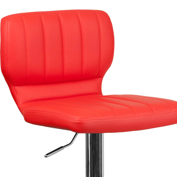 Red Vinyl |#| Red Vinyl Adjustable Height Barstool w/ Vertical Stitch Back & Chrome Base