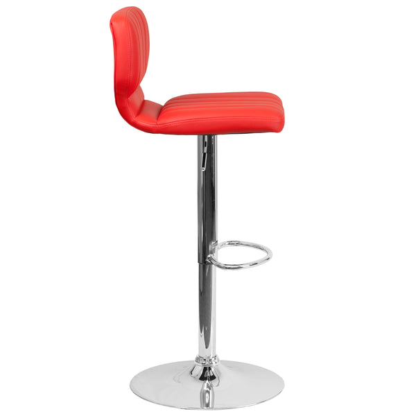 Red Vinyl |#| Red Vinyl Adjustable Height Barstool w/ Vertical Stitch Back & Chrome Base